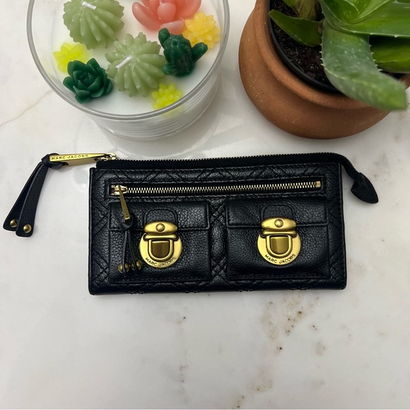 Marc Jacobs Handbags - Marc Jacobs Black Quilted Leather Long Wallet w/ Push lock pockets